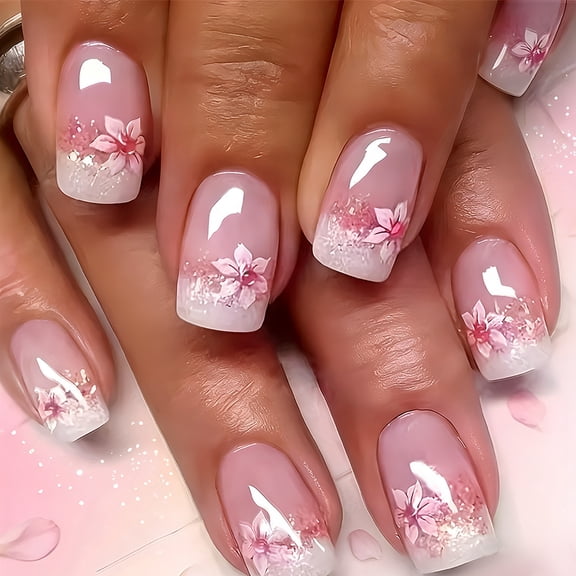 Yoyauz 24 Pieces Of Pink Pressed Nails, A Full Set Of Square Spring And Summer Fake Nails With Floral Patterns, Reusable For Women To Stick On Their Nails