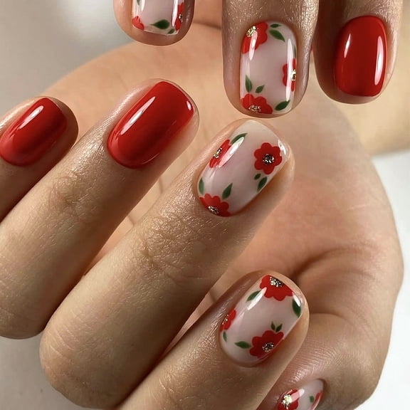Yoyauz 24 Pieces Of Red Pressed Nails, Complete Set Of Short Square Spring And Summer Fake Nails With Floral Patterns, Reusable For Women To Stick On Nails