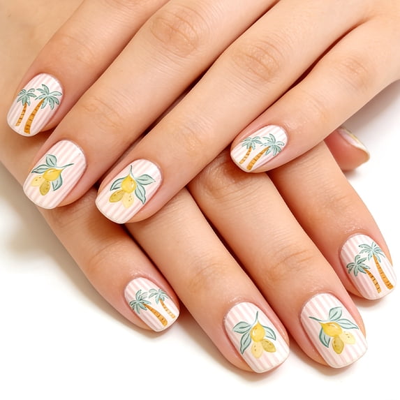 Yoyauz 24 Pieces Of Yellow Pressed Nails, Complete Set Of Short Square Spring And Summer Fake Nails With Hand-Painted Lemon Coconut Tree Pattern, Reusable For Women To Stick On Nails