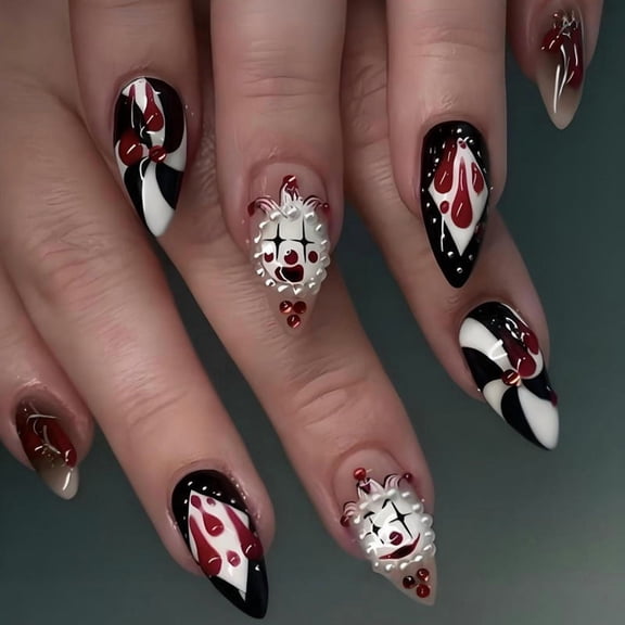 Yoyauz 24PCS Almond Shaped Fake Nails With Black And Red Pearl Clown Design, Charming Acrylic Nails For Halloween Suitable For Girls And Ladies