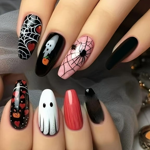 Yoyauz 24PCS Almond Shaped Nail, Fake Nail, Pink And White Ghost Design, Charming Acrylic Nail, Halloween Suitable For Girls And Ladies