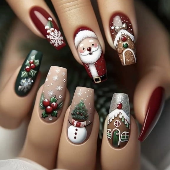 Yoyauz 24PCS Christmas Finger Short Fake Nails with Christmas Tree Design, Santa Claus Snowflake Berry Full Coverage Fake Nails Artificial Acrylic Nails