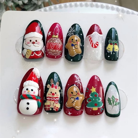 Yoyauz 24PCS Christmas Medium Fake Nails, Christmas Design, Green, Red, and White Snowman Elk Christmas Tree Full Coverage Fake Nails