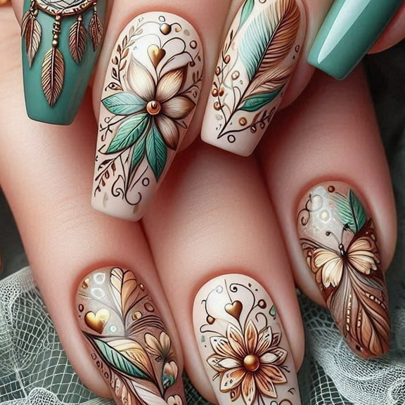 Yoyauz 24PCS French Pointed Nail, Short Fake Nail, Square Nail, Embossed Leaf Butterfly Design, Green And Charming Acrylic Nail Suitable For Women And Girls