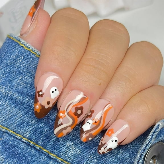Yoyauz 24PCS French Square Pressed Nails, Fake Nails, Needle Pressed Nails With Halloween Elements, Orange Brown Ghost Design, Charming Acrylic Nails, Suitable For Girls And Ladies For Halloween