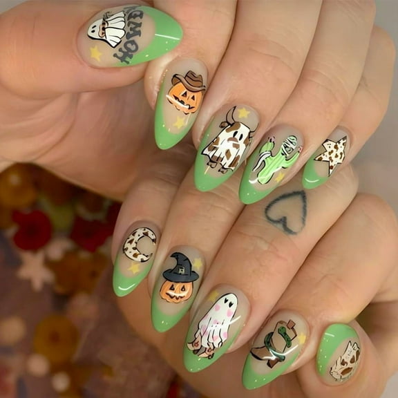 Yoyauz 24PCS Long Fake Nails With Green Pumpkin Ghost Design Charm Acrylic Nails For Halloween Suitable For Girls And Ladies