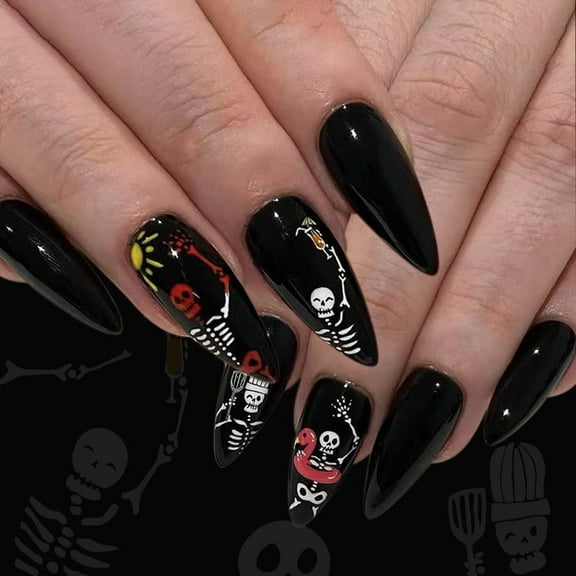 Yoyauz 24PCS Long Pointed Nails, Fake Nails, Black Skull Halloween Elements Design, Charming Acrylic Nails, Halloween Suitable For Girls And Women