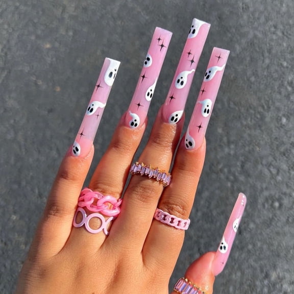Yoyauz 24PCS Rectangular Fake Nails With Halloween Pink Ghost Design Charm Acrylic Nails Suitable For Girls And Women On Halloween