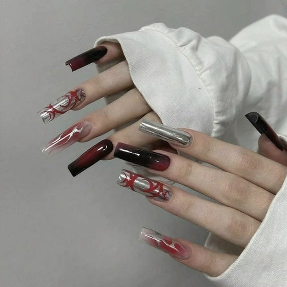 Yoyauz 24PCS Rectangular Fake Nails With Halloween Silver And Red Scratch Design Charm Acrylic Nails Suitable For Girls And Women On Halloween