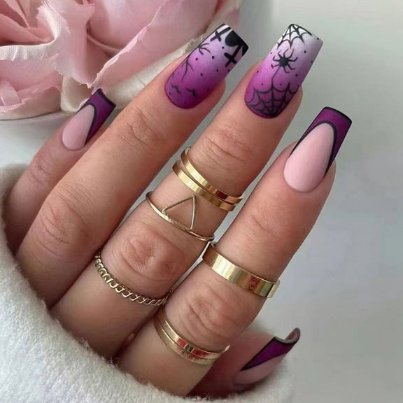 Yoyauz 24PCS Square Nail Fake Nail with Halloween Elements Purple Spider Design Charm Acrylic Nail Halloween Suitable for Girls and Women