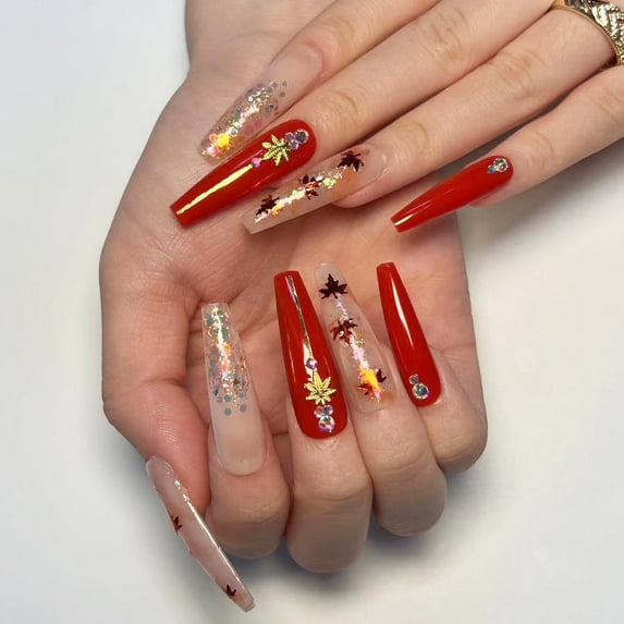 Yoyauz 24PCS Thanksgiving Sparkling Medium Rectangular Fake Nails with Maple Leaf Design Orange Yellow Nails Autumn Acrylic Nails Winter Women's Nails