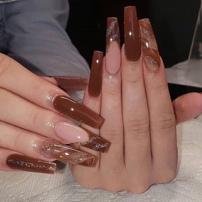 Yoyauz 24PCS Thanksgiving Sparkling Medium Rectangular Fake Nails with Maple Leaf Design Red Brown Nails Autumn Acrylic Nails Winter Women's Nails