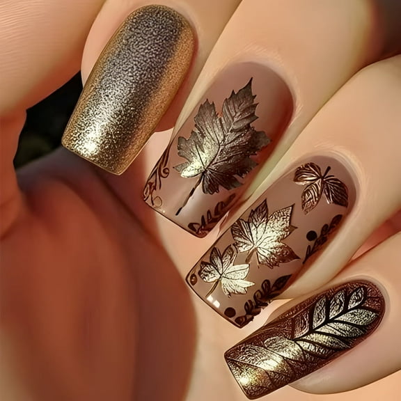 Yoyauz 24PCS Thanksgiving Square Fake Nails with Sparkling Maple Leaf Design Golden Nails Autumn Acrylic Nails Winter Women's Nails