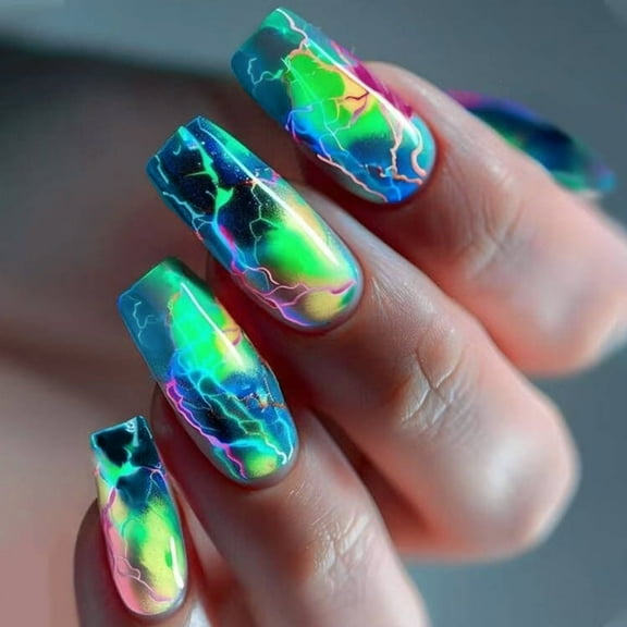 Yoyauz 24pcs French Pointed Nail Press, Short Fake Nail, Square Nail Press, Nail With Blue-Green Crack Design, Charming Acrylic Nail Suitable For Girls And Women