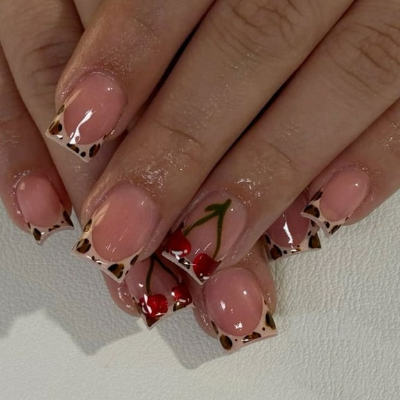 Yoyauz 24pcs French Pointed Nail, Short Fake Nail, Square Needle Nail With Leopard Print And Cherry Design, Charming Acrylic Nail Suitable For Girls And Ladies