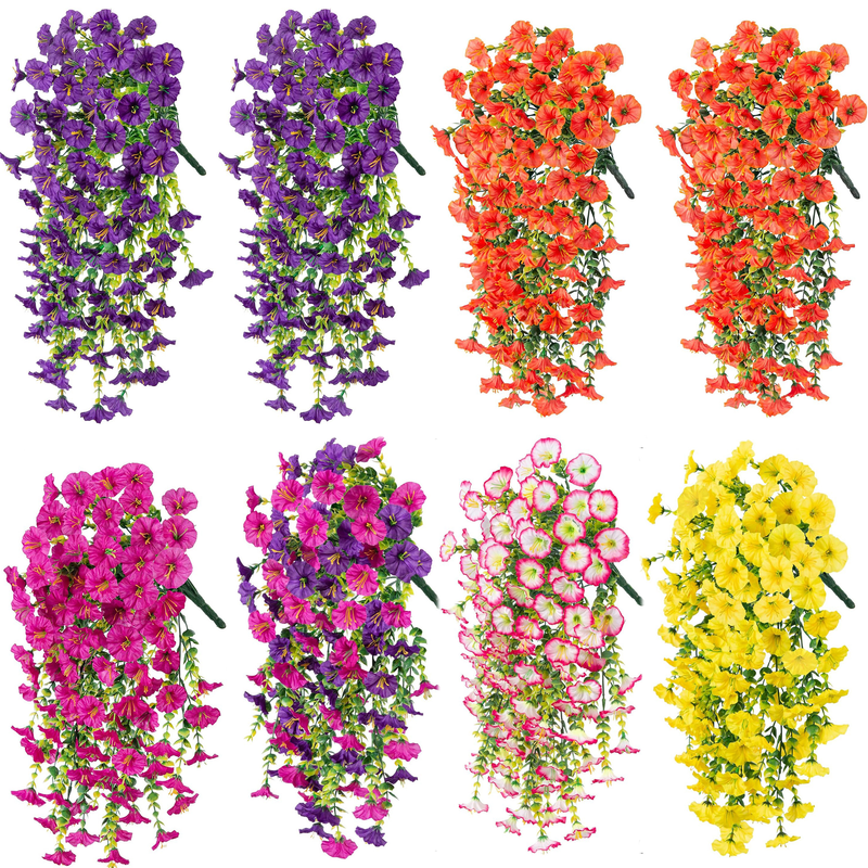 Yoyauz 2PCS Artificial Hanging Flowers For Outdoor Spring Decoration, Fake Silk Morning Glory And Eucalyptus Leaves, Uv Resistant Long Vine Plants