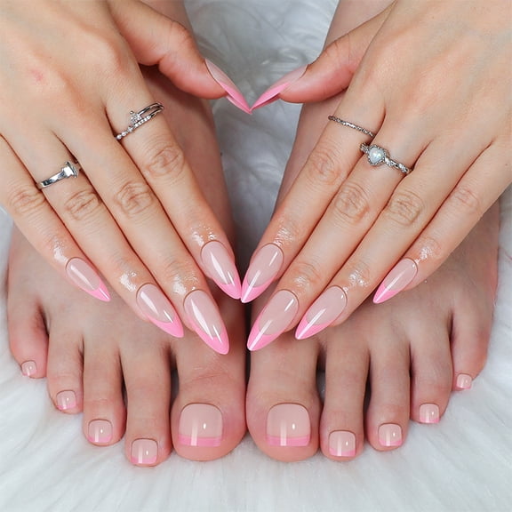 Yoyauz 48 Pieces Of Long Coffin Nail And Toe Press Kit, With French Fake Nail Press Patch Rhinestones, Square Almond Shaped Toenails, Summer Short Women'S Fake Toenails