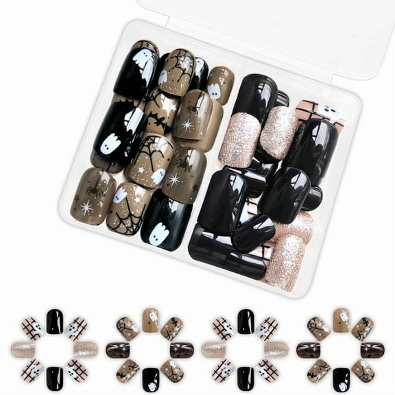 Yoyauz 48PCS Short Nail Fake Nail with Brown Spider Web Glitter Design Charm Acrylic Nail Halloween Suitable for Girls and Women
