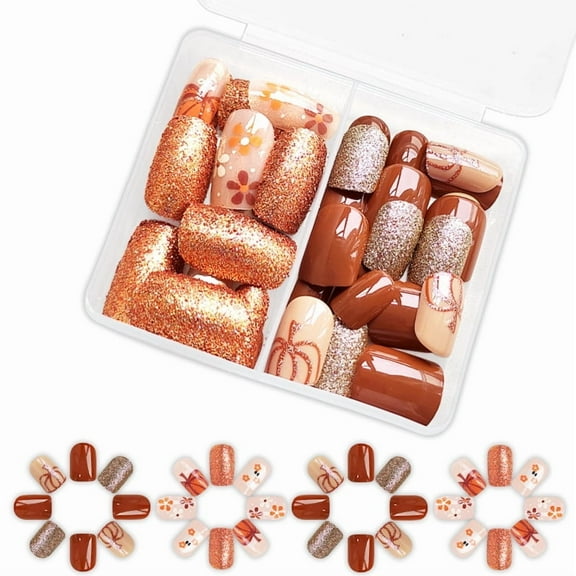 Yoyauz 48PCS Short Nails, Fake Nails, Orange Glitter, Pumpkin Ghost, Spider Web Design, Charming Acrylic Nails, Suitable For Girls And Ladies For Halloween