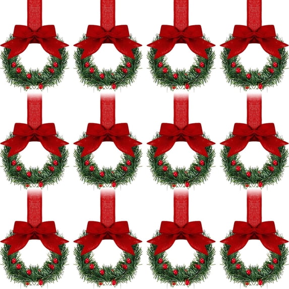 Yoyauz 4PCS Christmas Kitchen Cabinet Wreath With Ribbon 3.94 Inch Mini Christmas Wreath Small Kitchen Wreath Green Wreath For Window Doors