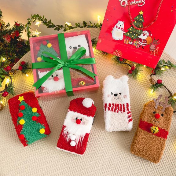 Yoyauz 4PCS Women's Soft Plush Socks, Thick Winter Fluffy Socks, Comfortable Warm Socks, Comfortable Slippers Socks, Thick Home Sleep Socks（Giftboxed）