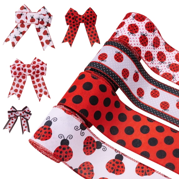 Yoyauz 5 Yard Summer Ribbon Polka Dot Fabric Ribbon Vertical Stripe Craft Ribbon Decoration Ribbon DIY For Packaging, Party Decoration, Bow Hair Accessories, Handmade & Sewing (Ladybug)