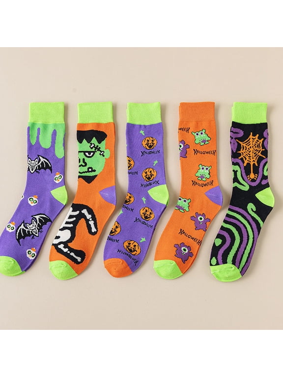 5Pair Halloween Socks Novelty Fun Pattern Socks Ghost Spider Skull Pumpkin Head Witch Ghost Pumpkin Costume Party Dress Unisex Halloween Gift to Him She Ladies Men, Classic Color