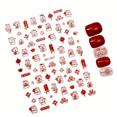 Yoyauz 6PCS Lunar New Year Nail Stickers, Traditional Holiday Decoration Stickers, Lion Dance, Fireworks, Ponies, Lanterns, And Lucky Characters, Golden Red