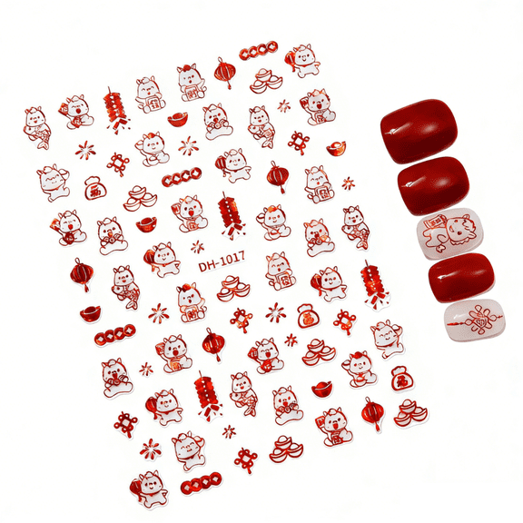 Yoyauz 6PCS Lunar New Year Nail Stickers, Traditional Holiday Decoration Stickers, Lion Dance, Fireworks, Ponies, Lanterns, And Lucky Characters, Golden Red