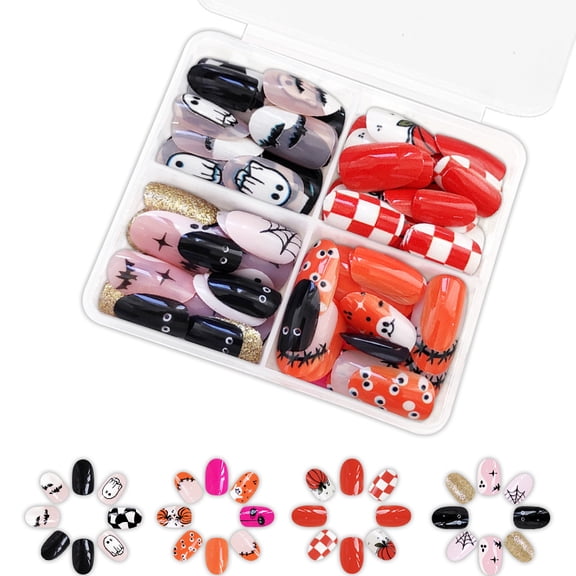 Yoyauz 96pcs Short Nail Fake Nail With Black And White Spider Web Design Charm Acrylic Nail Halloween Suitable For Girls And Women