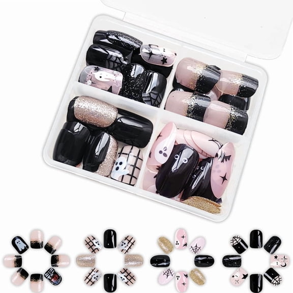 Yoyauz 96PCS Short Nail Fake Nail with Black Gold Glitter Pumpkin Ghost Spider Web Design Charm Acrylic Nail Halloween Suitable for Girls and Women