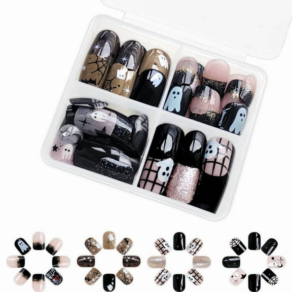 Yoyauz 96PCS Short Nail Fake Nail with Black Pink Ghost Skull Design Charm Acrylic Nail Halloween Suitable for Girls and Women