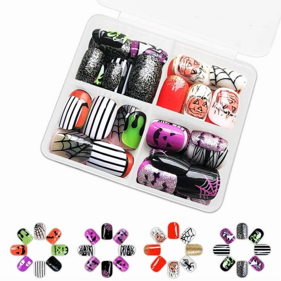 Yoyauz 96PCS Short Nail Fake Nail with Black and White Striped Orange Pumpkin Skull Design Charm Acrylic Nail Halloween Suitable for Girls and Women