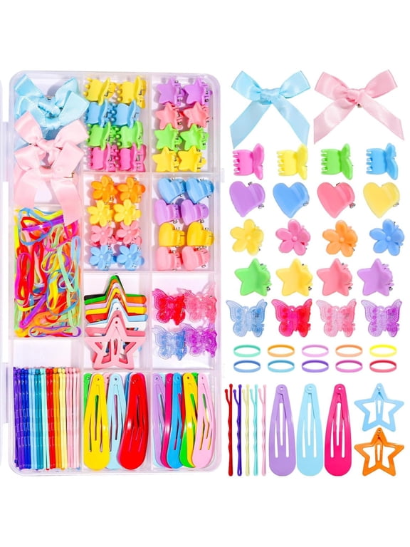 Assorted Girls Hair Accessories Storage Box Color Bow Star Heart Butterfly Flower Claw Clips Metal BB Pins Elastic Hair Ties for Toddler Kids Girls Birthday Holiday Gift