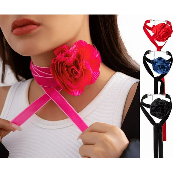 Yoyauz Bohemian Flower Choker Long Wrap Tassel Floral Choker Necklace Handmade Faux Tulle Rose Tie Necklace Party Wedding Accessories