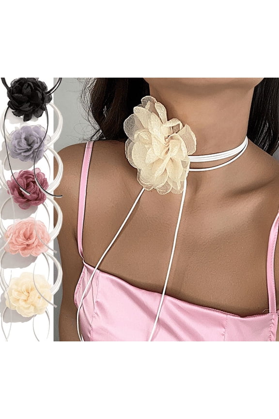 Bohemian Flower Choker Long Wrap Tassel Floral Choker Necklace Handmade Faux Tulle Rose Tie Necklace Party Wedding Accessories