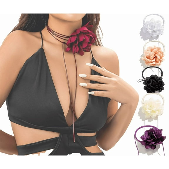 Yoyauz Bohemian Flower Choker Long Wrap Tassel Floral Choker Necklace Handmade Faux Tulle Rose Tie Necklace Party Wedding Accessories