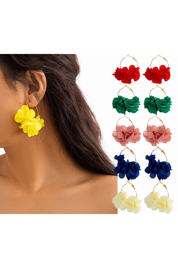 Bohemian Light Large Fabric Flower Pendant Earrings Handmade Glamour Chic Petal Hoop Earrings Chiffon Floral Tassel Earrings Women's Vacation Wedding Gift Jewelry