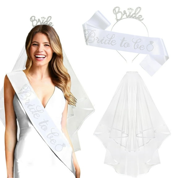 Yoyauz Bride to Be Set, Set of 3 Bride to Be Belt and Headband, Tiara and Shoulder Long Veil Bachelorette Party Supplies Bridal Shower Decoration Accessories, Set of 3 Bridal Veils