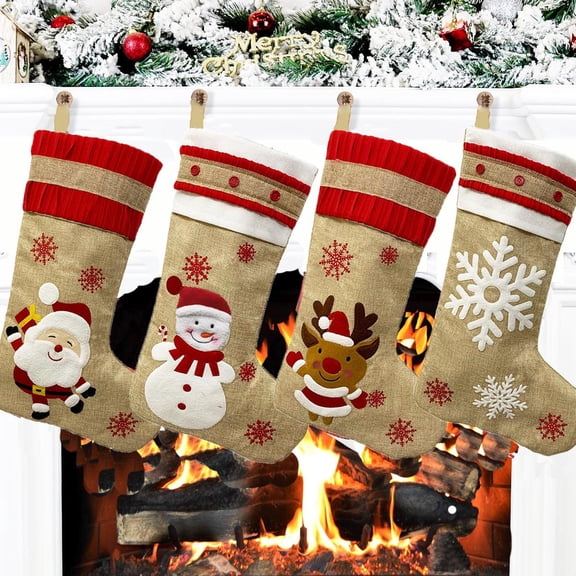 Yoyauz Burlap Christmas Stockings 18Inch Large Burlap Xmas Stockings with Red Cuff Fireplace Hanging Stockings Decoration Stockings for Family Holiday Xmas Party Santa Claus,Reindeer,Snowman,Snowflake