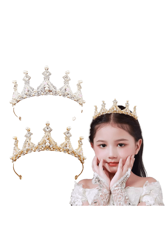 Children's Pearl Crystal Headgear for Kids Girls Princess Outfit Crystal Crown Headband Wedding Hair Accessories Birthday Sacrament Beauty Pageant Halloween Christmas Cake Decoration Gifts