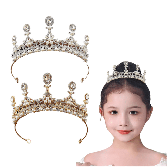 Yoyauz Children's Pearl Crystal Headgear for Kids Girls Princess Outfit Crystal Crown Headband Wedding Hair Accessories Birthday Sacrament Beauty Pageant Halloween Christmas Cake Decoration Gifts