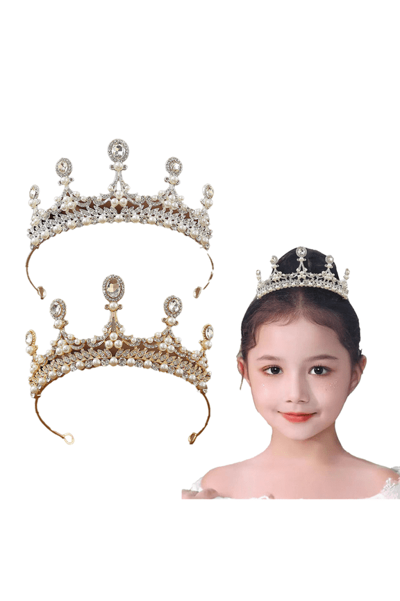 Children's Pearl Crystal Headgear for Kids Girls Princess Outfit Crystal Crown Headband Wedding Hair Accessories Birthday Sacrament Beauty Pageant Halloween Christmas Cake Decoration Gifts