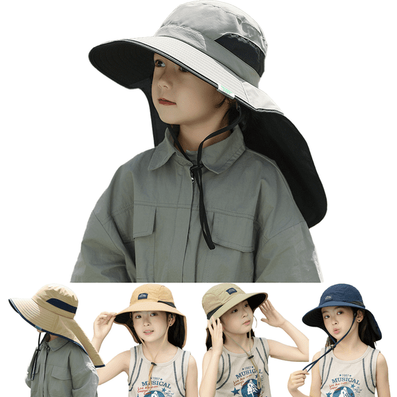 Yoyauz Children's Sun Hat With Neck Uv Protection, Summer Beach Hat, Unisex Ponytail Hat, Wide Brimmed Fishing Hat (2-8Years Old)