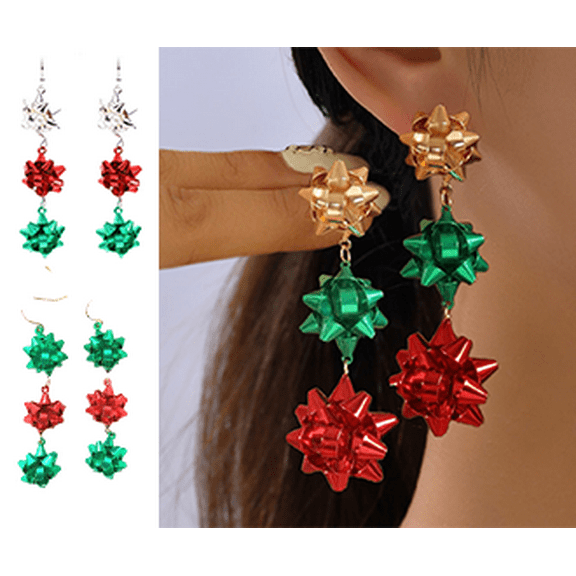 Yoyauz Christmas Earrings for Women, Cute Green Christmas Gift Bow Dangle Earring, Holiday Crazy Party Drop Stud Earrings