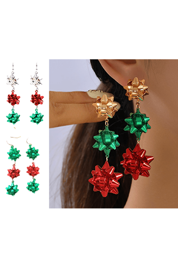 Christmas Earrings for Women, Cute Green Christmas Gift Bow Dangle Earring, Holiday Crazy Party Drop Stud Earrings