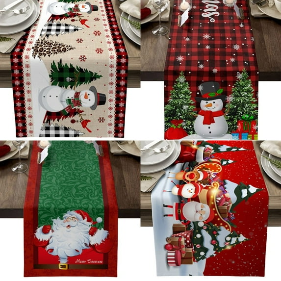 Yoyauz Christmas Table Runner 13 x 72 Inch Decorations, Red Plaid Linen Burlap Santa Reindeer Pattern Table Cover for Winter Xmas Theme Parties