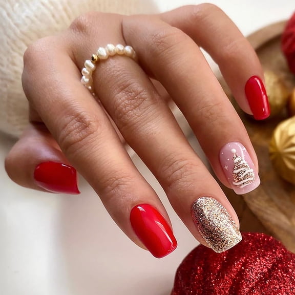Yoyauz Coffin Pressed Nails Fake French Nails Full Coverage Acrylic Fake Nails for Ladies & Girls 24PCSChristmas