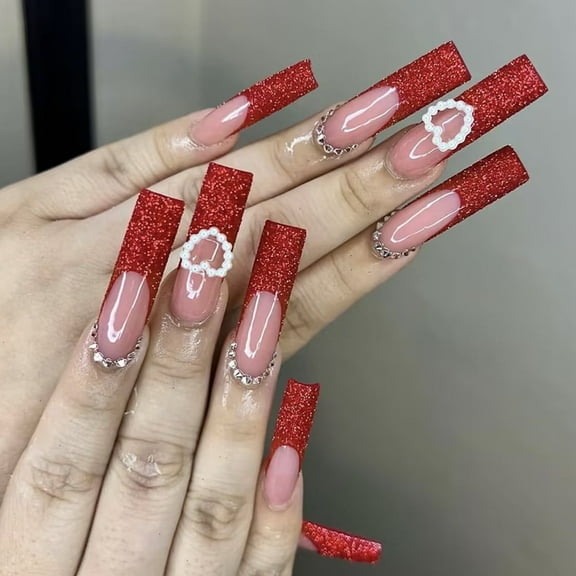 Yoyauz Coffin Pressed Nails Fake French Nails Full Coverage Acrylic Fake Nails for Ladies & Girls 24PCSRed