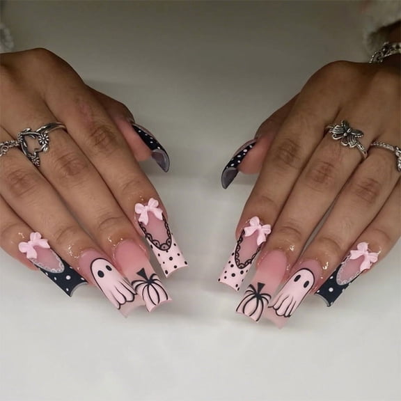 Yoyauz Coffin Pressed Nails Fake French Nails Full Coverage Acrylic Fake Nails for Ladies & Girls 24PCS